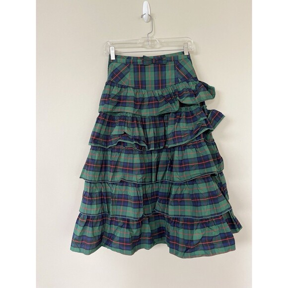 Urban Outfitters Midi Skirt Rainee Tier Green Plaid Retro Boho Preppy Medium New - Picture 2 of 11